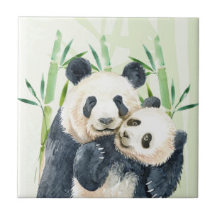 Carreau Aquarelle Panda Ours Maman & Bébé en Bambou