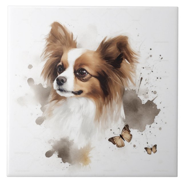 Carreau Aquarelle Papillon Dog avec papillons (Devant)