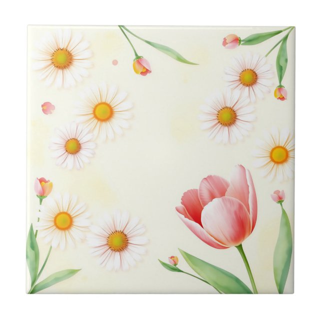 Carreau Aquarelle Pastel Daisées et Tulipes (Devant)