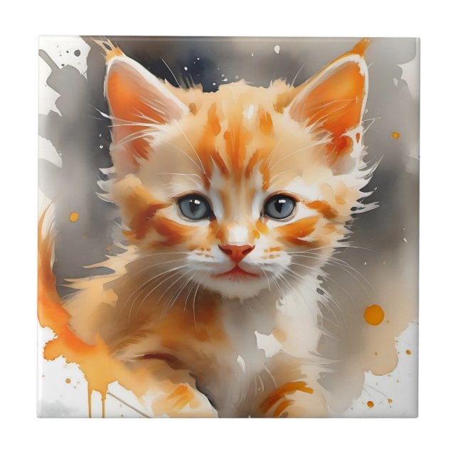 Carreau Aquarelle peinture d'un chat orange mignon (Devant)