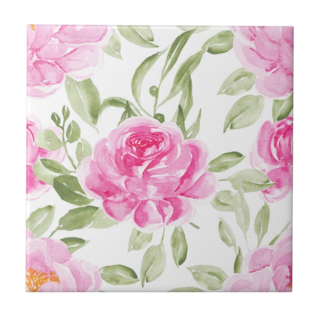 Carreau Aquarelle Peonies roses et Motif de verdure (Devant)