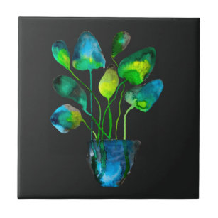 Carreau Aquarelle plante art vert et bleu abstrait