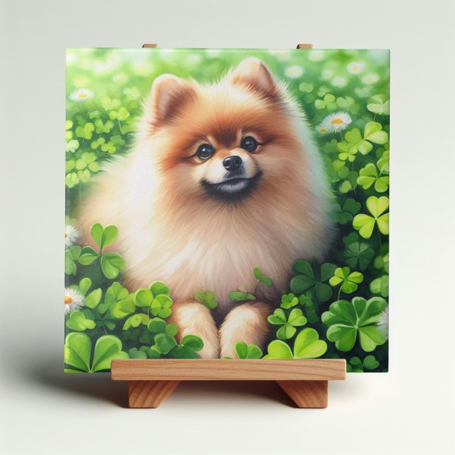 Carreau Aquarelle Pomeranian Shamrock vert (Créateur téléchargé)