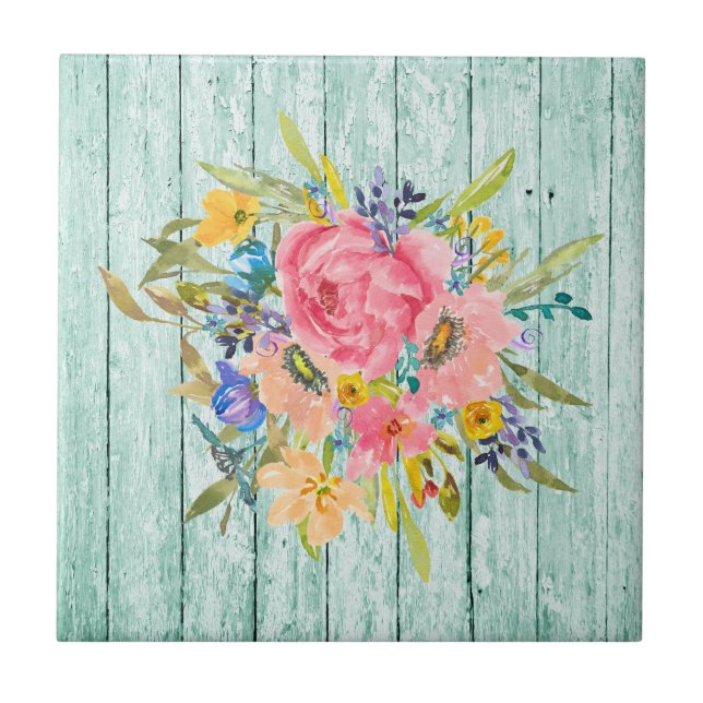 Carreau Aquarelle Rose Floral Spray sur Chippy Aqua (Devant)