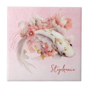 Carreau Aquarelle rose or Koi poisson floral personnalisé
