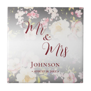 Carreau Aquarelle rose Roses jaunes, noir flou, Mariage