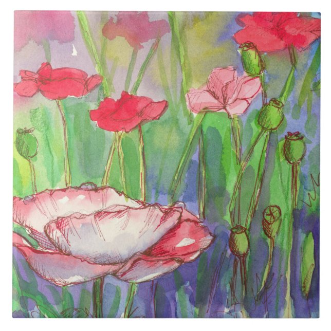 Carreau Aquarelle rose rouge Fleurs de pavot (Devant)