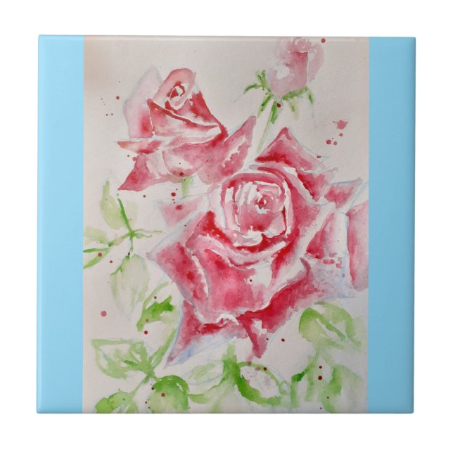 Carreau Aquarelle Rose Rouge Roses Rose Fleur Bébé Bleu (Devant)