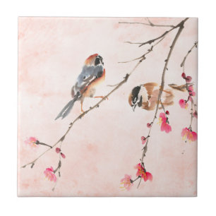 Carreau Aquarelle rose vintage Fleurs et oiseaux