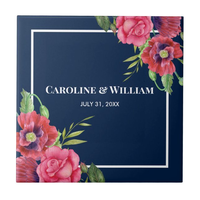 Carreau Aquarelle Rouge et rose Fleurs bleu foncé Marine (Devant)