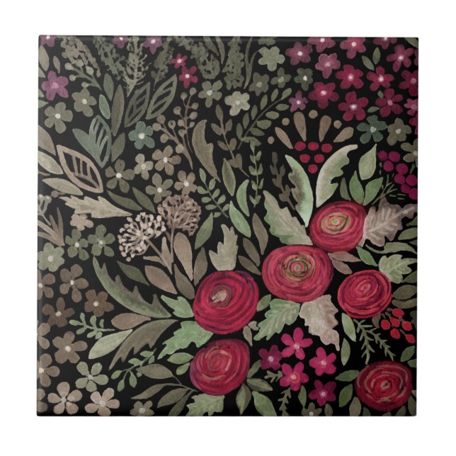 Carreau Aquarelle rouge roses fleurs petit floral vert le (Devant)