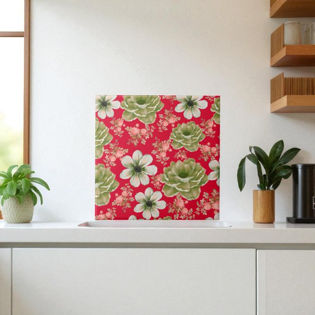 Carreau Aquarelle rouge vert Floral (Créateur téléchargé)