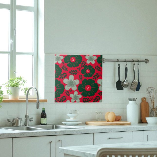 Carreau Aquarelle rouge vert Floral (Créateur téléchargé)