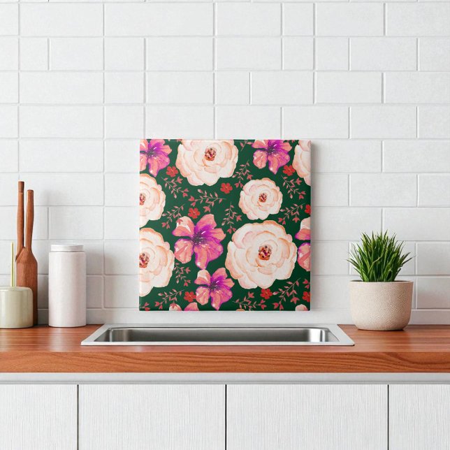Carreau Aquarelle rouge verte Florale (Créateur téléchargé)