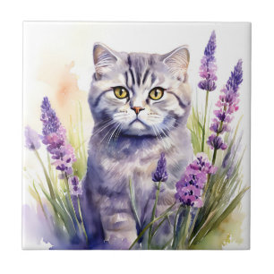 Carreau Aquarelle Scottish Fold Cat dans le champ de lavan