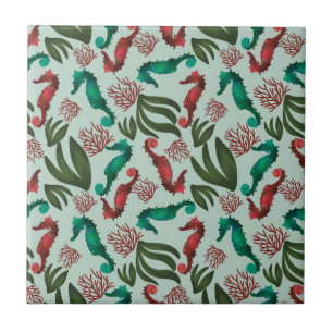 Carreau Aquarelle Seahorse Mint Motif nautique
