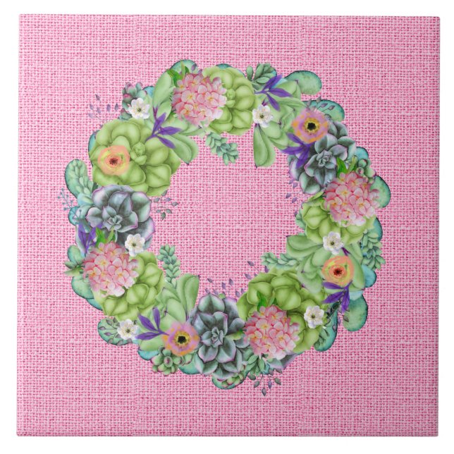 Carreau Aquarelle succulente couronne florale sur rose (Devant)