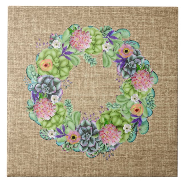 Carreau Aquarelle succulente couronne florale sur tan (Devant)