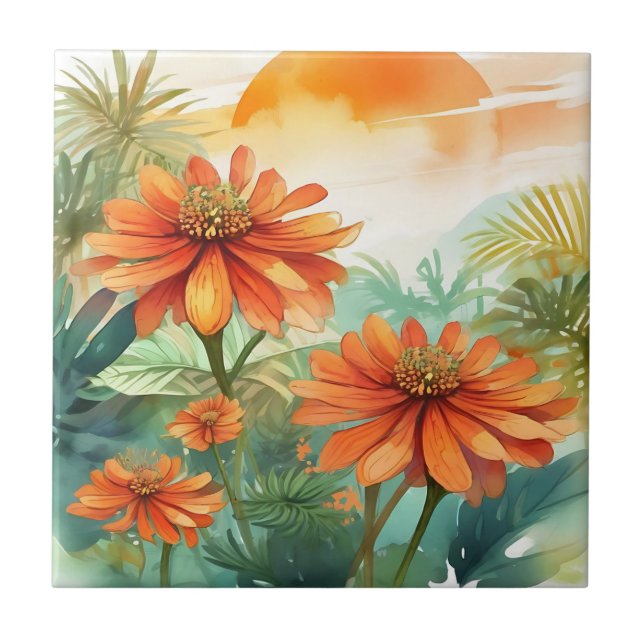 Carreau Aquarelle tropicale Tithonia exotique (Devant)