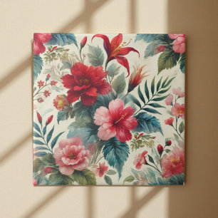 Carreau Aquarelle vintage Cerisier Rouge rose Vert Floral