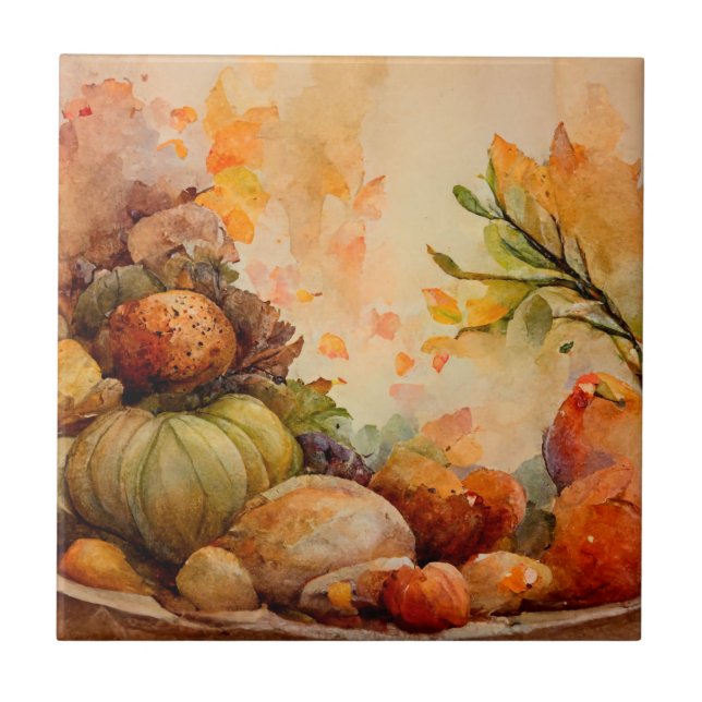 Carreau Aquarelle Vintage Rustique Orange Automne Citrouil (Devant)