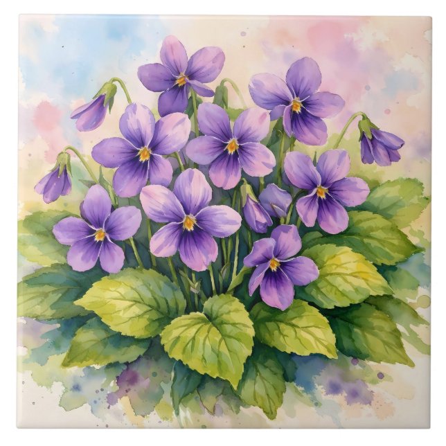 Carreau Aquarelle Violettes Violettes en Fleurs  (Devant)