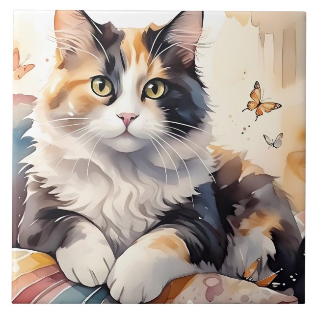 Carreau Aquarelle Whimsical Calico Chat et Papillons (Devant)
