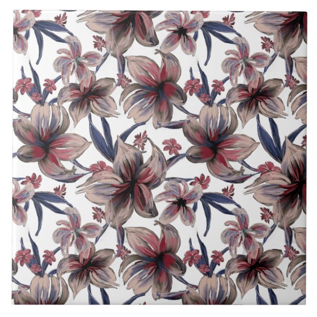 Carreau Aquarelles Crimson Floral sur blanc (Devant)