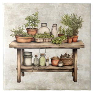 Carreau Aquarelles de tabouret en bois d'herbes et d'épice