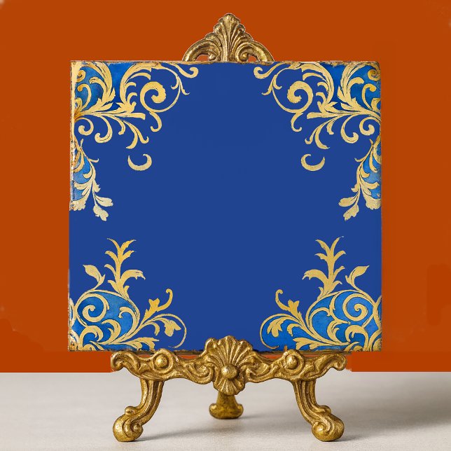 Carreau Arabesque Byzantine Bleu Or Filigrane (Byzantine Arabesque ornamental ceramic tile displayed in situ on gold metallic easel. )