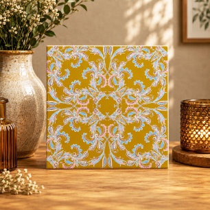 Carreau arabesque rose et bleu vintage sur ocre do