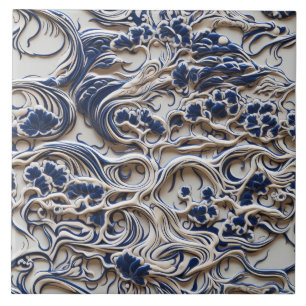 Carreau Arbre bleu et blanc 3D, sans couture, formes organ