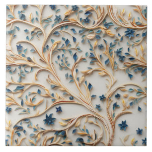Carreau Arbre bleu et or, style de sculpture sur bois