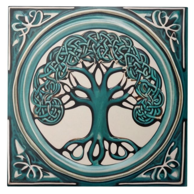 Carreau Arbre celtique de la vie Aqua Turquoise Faux Relie (Devant)