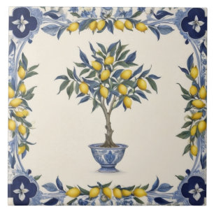 Carreau Arbre citronnier dans un pot bleu et blanc Bordure