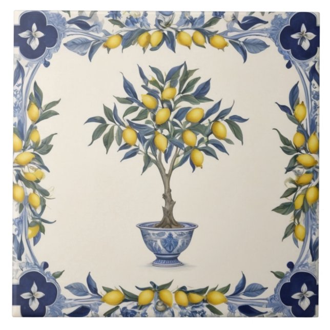 Carreau Arbre citronnier dans un pot bleu et blanc Bordure (Devant)