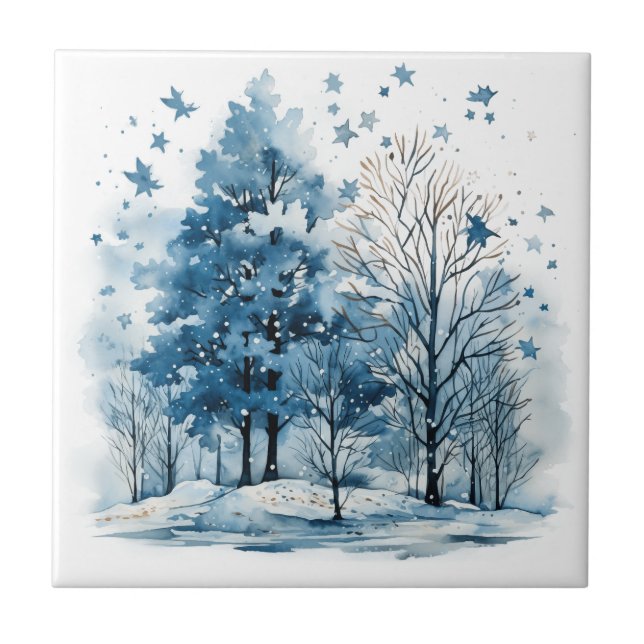 Carreau arbre de forêt hivernale à l'aquarelle (Devant)