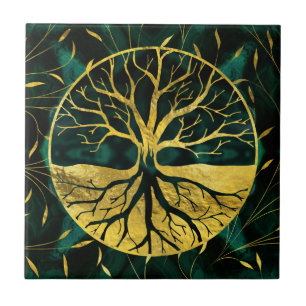Carreau Arbre de la vie d'or Yggdrasil sur la malachite
