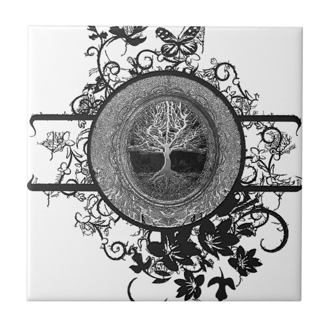 Carreau Arbre de la vie noir et blanc avec des fleurs (Devant)