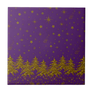 Carreau Arbre de Noël en or brillant, étoiles, neige sur