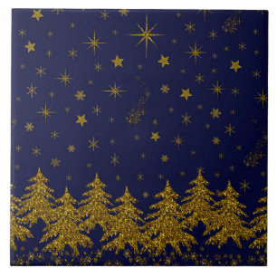 Carreau Arbre de Noël en or brillant, étoiles, neige sur