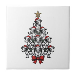 Carreau Arbre de Noël vache Gravure vintage Ferme de vacan