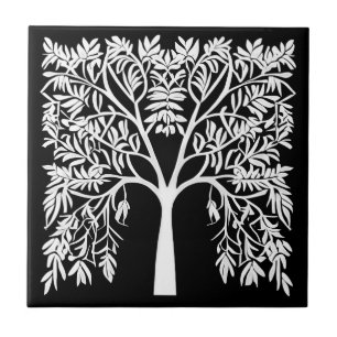 Carreau Arbre de vie #1 Blanc sur Noir