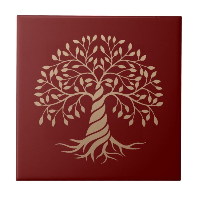 Carreau Arbre de vie doré Graphisme sur fond rouge (Devant)