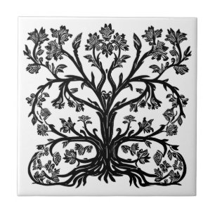 Carreau Arbre de vie floral en noir sur blanc