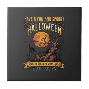 Carreau Arbre effrayant Halloween pleine lune chat noir ci