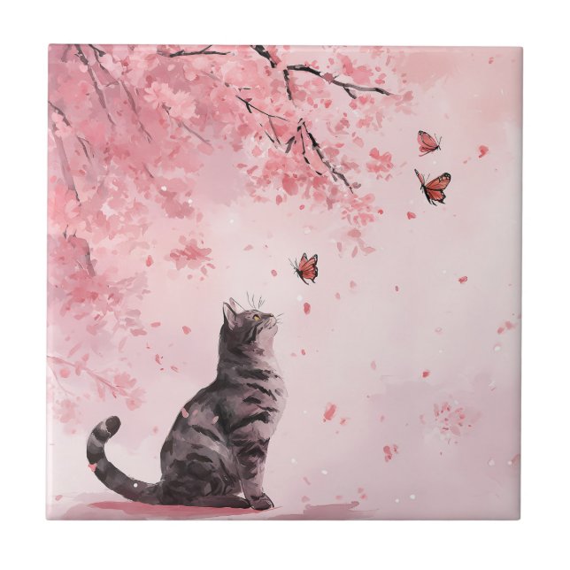 Carreau Arbre Sakura japonais avec chat noir et papillon (Devant)
