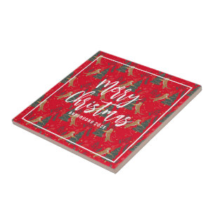 Carreau Arbres de Noël & tigres motif rouge arrière - plan