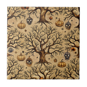 Carreau Arbres vintages et lanternes Citrouilles Motif