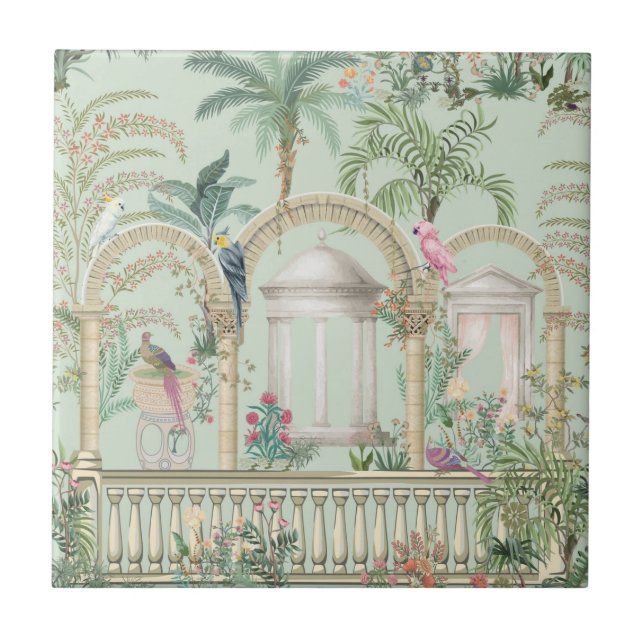 Carreau Arc de jardin grec vintage Parrot arbres tropicaux (Devant)